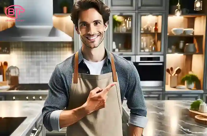 Notre cuisiniste professionnel montrant fièrement une cuisine récemment terminée. La cuisine est moderne avec des armoires brillantes, un plan de travail