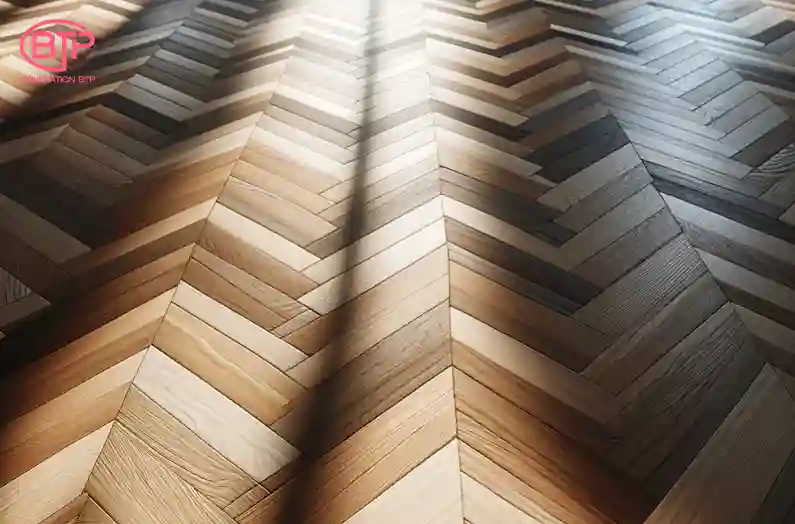 Parquet en bois élégant et de haute qualité, montrant un motif de pose en chevrons. Le bois présente différentes nuances de brun, créant un aspect précieux et agréable