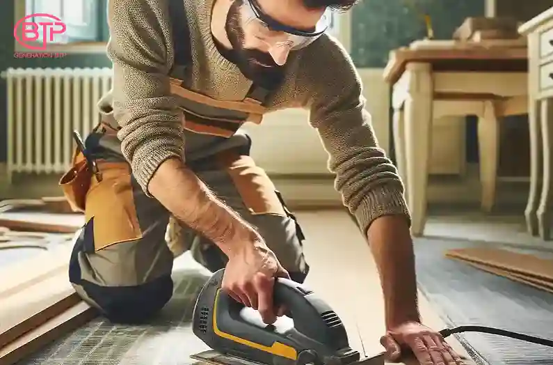 Parqueteur en train de découper une latte de parquet avec une scie sauteuse