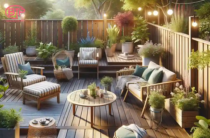 Une terrasse en bois élégante et accueillante, avec un mobilier de jardin confortable. La terrasse est spacieuse, faite de planches de bois bien finie