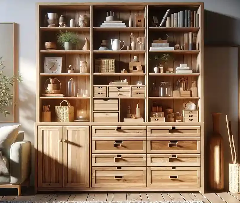 beau_rangement_en_bois_e_le_gant_et_fonctionnel__adapte__pour_une_utilisation_domestique._il_pre_sente_plusieurs_e_tage_res_ouvertes_et_des_compartiments