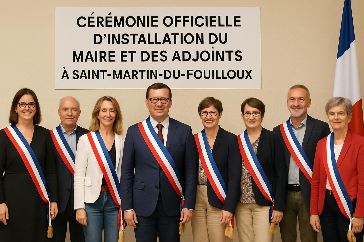 cérémonie officielle d'installation du nouveau maire et de ses adjoints à saint-martin-du-fouilloux, marquant le début d'un nouveau mandat au service de la commune.