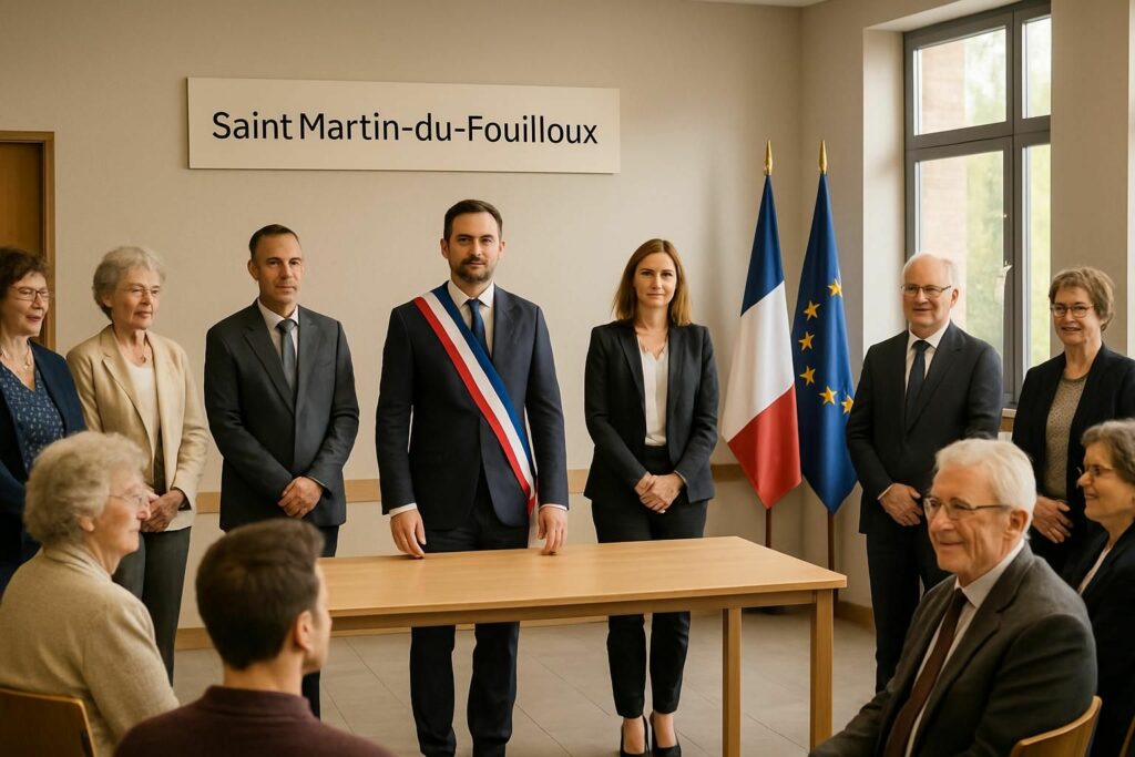 cérémonie officielle d'installation du nouveau maire et de ses adjoints à saint-martin-du-fouilloux, un moment clé pour la nouvelle équipe municipale.