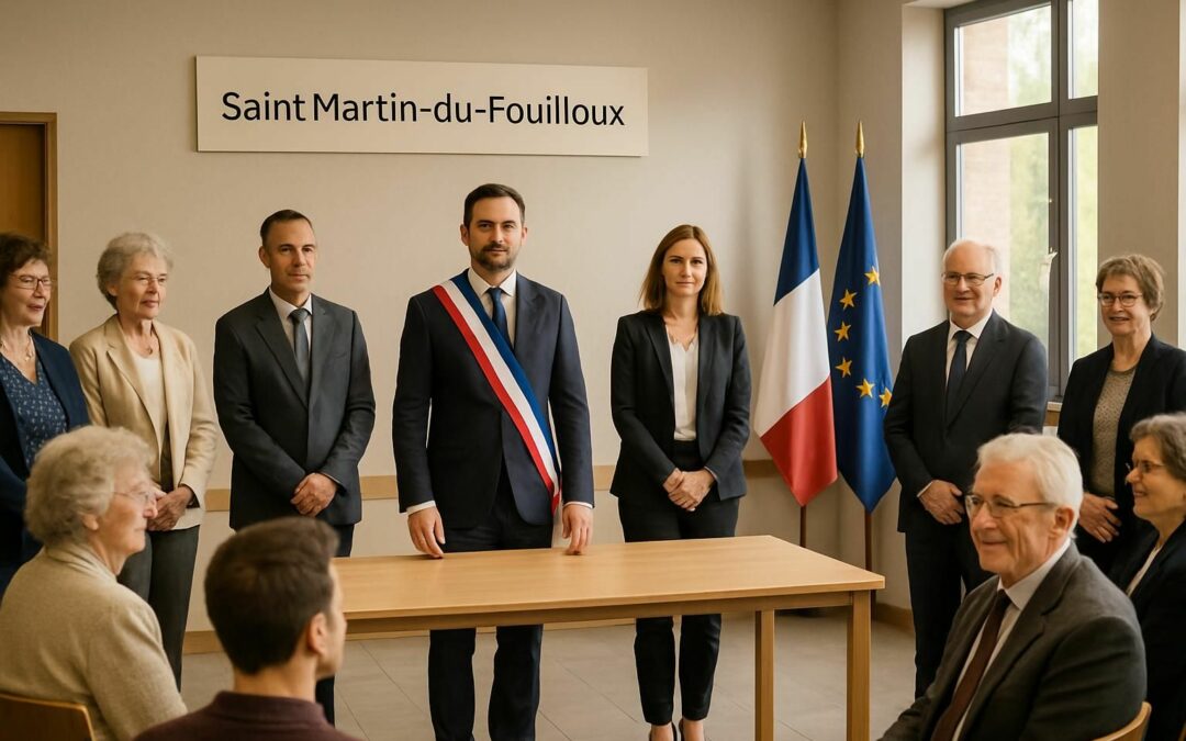 cérémonie officielle d'installation du nouveau maire et de ses adjoints à saint-martin-du-fouilloux, un moment clé pour la nouvelle équipe municipale.